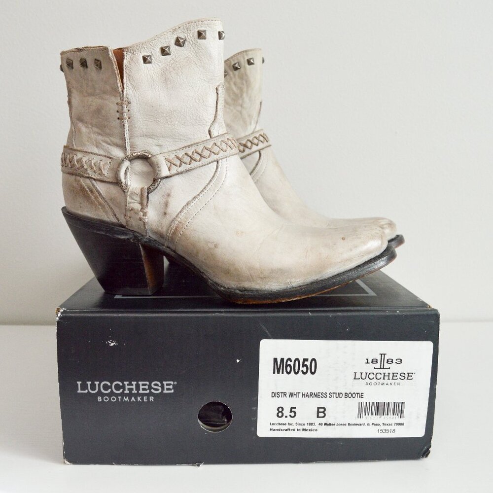 Lucchese Harness Ani Studded Distressed White Western Booties